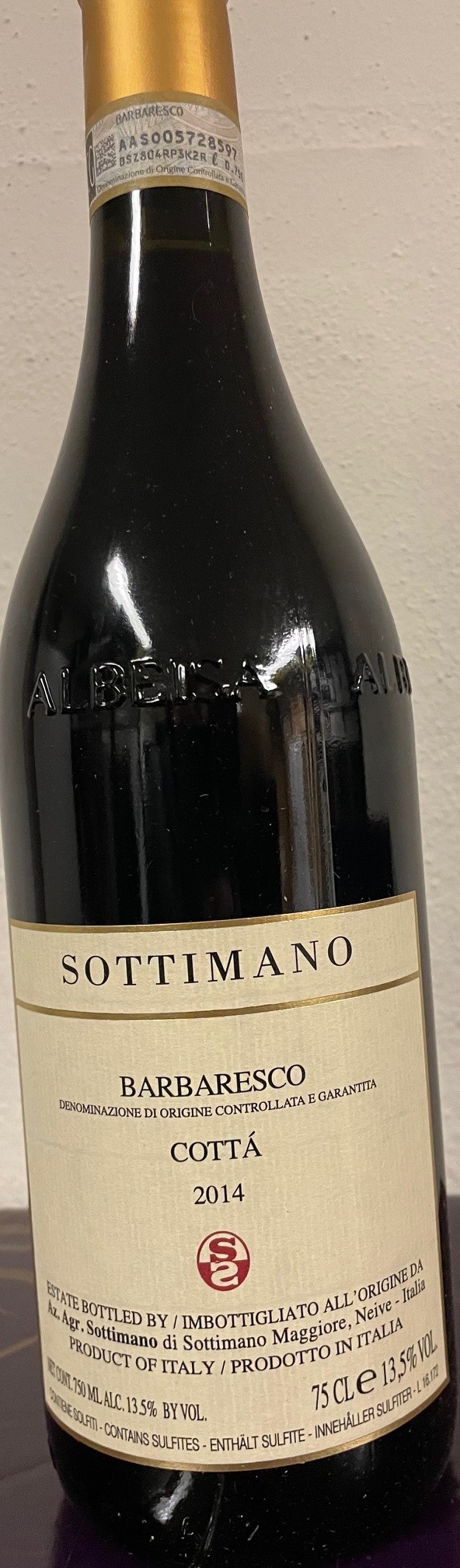 Sottimano Barbaresco Cotta MAGNUM 2014. Billede er vist som 75 cl. flaske. Magnum leveres i elegant trækasse.